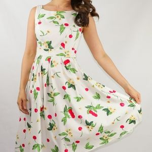 White Dress with Cherry Print Midi Dress